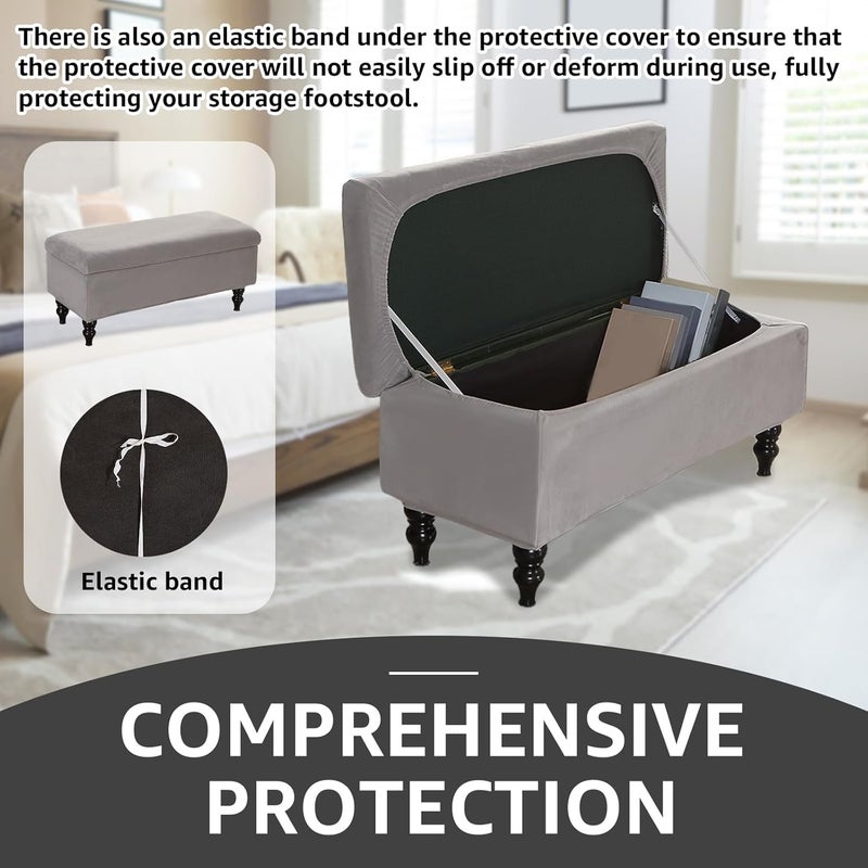 windforgecraft Storage Ottoman Cover Stretch Rectangle Storage Bench Cover Velvet Storage Bench Cover Slipcover Folding Storage with Elastic Bands Footrest Stool Slipcover for Living Room (Light Grey) - Image 4