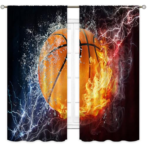 Cinbloo Sports Curtains for Boys Bedroom 42W x 63L Inch Rod Pocket Kids Basketball Curtains Cool Basketball Wall Art for Men Abstract Flame Decor Teenagers Living Room Window Drapes Fabric 2 Panels