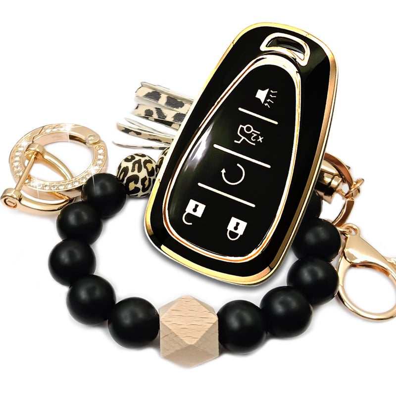 RFSRZ Smart Key Fob Cover Case With diamond Key Chain and Bracelet Key Holder Fits for Chevy Equinox Malibu Cruze Tahoe Camaro Traverse Blazer Volt Bolt 5 Buttons (Black) - Image 1