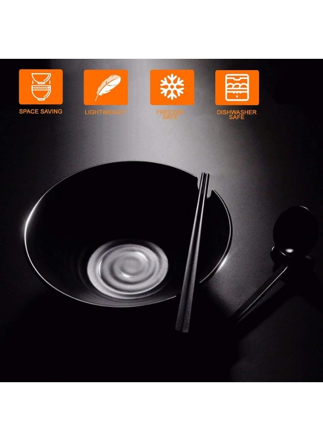 Unbreakable Ramen Bowl Set of 2, 8Pcs 37oz Black Large Ramen Bowls and Spoons Set with Chopsticks & Saucers for Udon Soup Noodles or Asian Food, Pho,Matte Melamine Bowls - Image 2