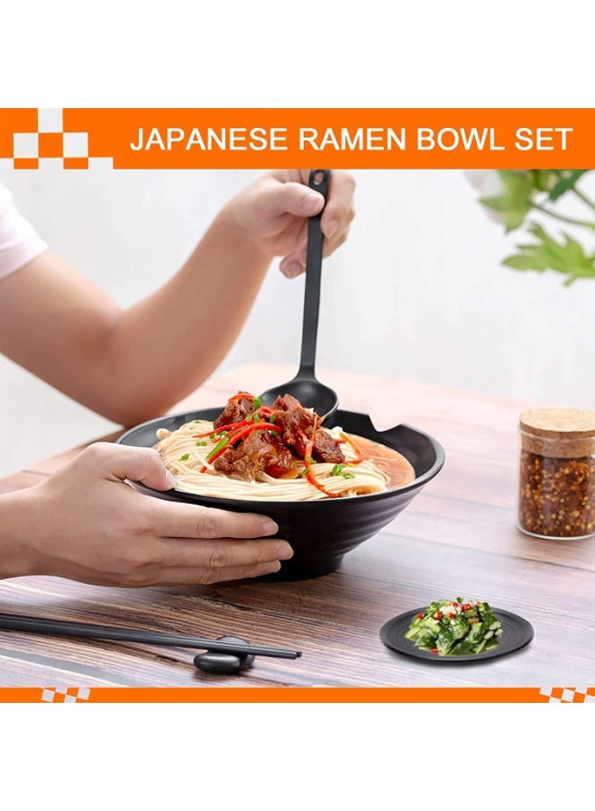 Unbreakable Ramen Bowl Set of 2, 8Pcs 37oz Black Large Ramen Bowls and Spoons Set with Chopsticks & Saucers for Udon Soup Noodles or Asian Food, Pho,Matte Melamine Bowls - Image 3