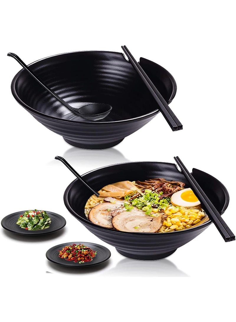 Unbreakable Ramen Bowl Set of 2, 8Pcs 37oz Black Large Ramen Bowls and Spoons Set with Chopsticks & Saucers for Udon Soup Noodles or Asian Food, Pho,Matte Melamine Bowls - Image 1