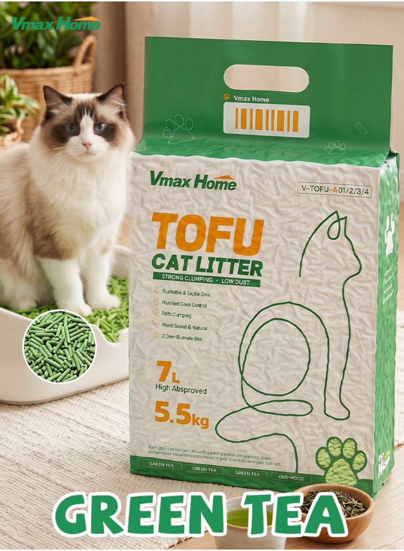 Tofu Cat Litter Green Tea Scent 2.5KG 7L, Natural Clumping Cat Sand, Odor Control, Low Dust, Flushable, Anti Tracking, Soft Pellets, Easy Scoop