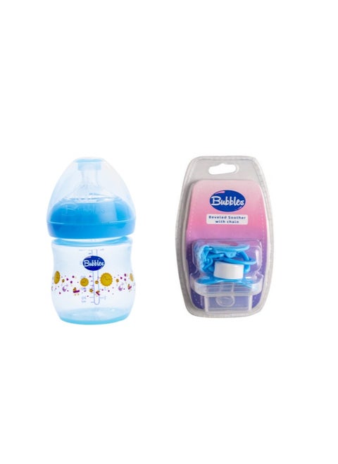 Bubbles Set Natural Baby Bottle 1m 150ml Blue+ Pacifier With Chain Blue