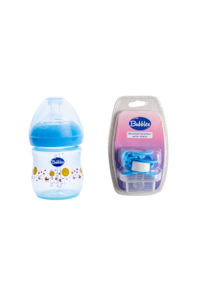 Bubbles Set Natural Baby Bottle 1m 150ml Blue+ Pacifier With Chain Blue