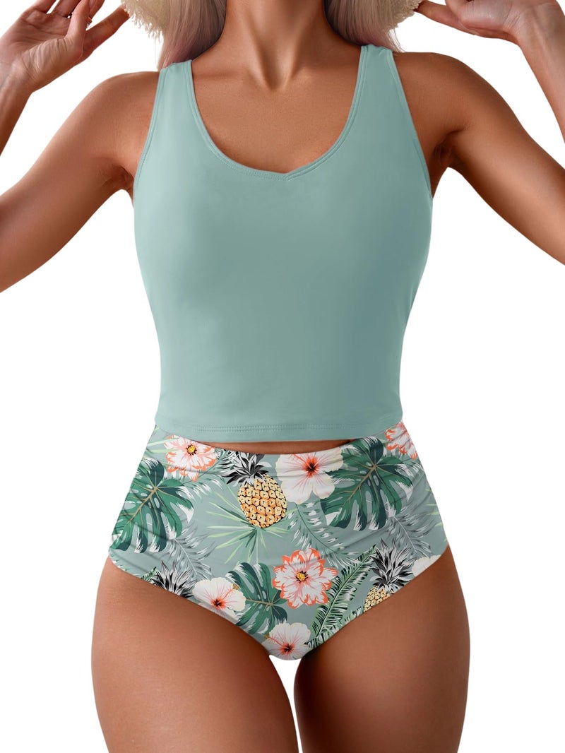 Eomenie Two Piece Tankini Swimsuits for Women Tummy Control Bathing Suits U Back Swim Tank Top with High Waisted Bottom Green Floral - Image 1