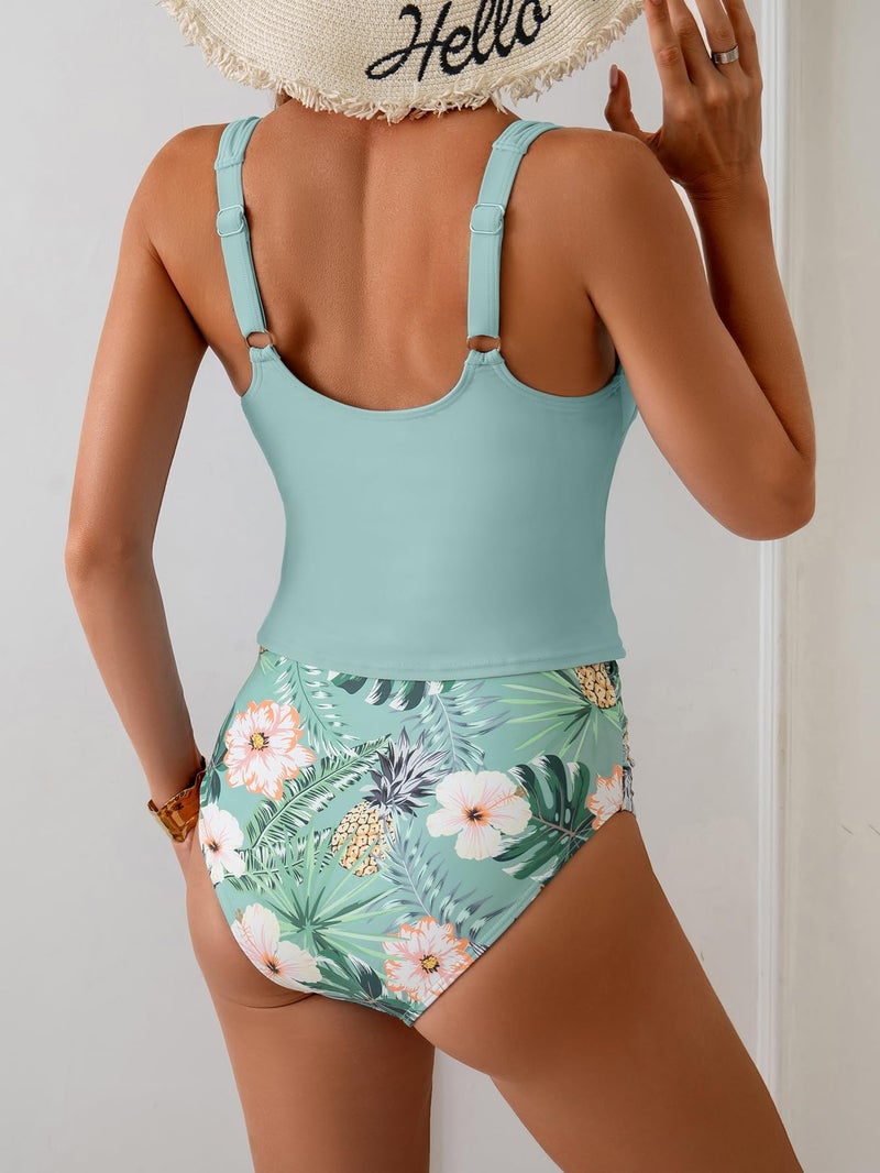 Eomenie Two Piece Tankini Swimsuits for Women Tummy Control Bathing Suits U Back Swim Tank Top with High Waisted Bottom Green Floral - Image 2