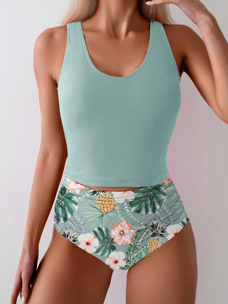 Eomenie Two Piece Tankini Swimsuits for Women Tummy Control Bathing Suits U Back Swim Tank Top with High Waisted Bottom Green Floral - Image 4