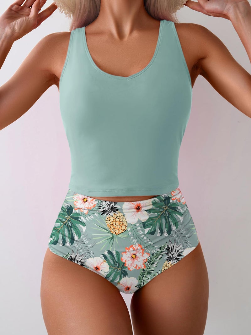 Eomenie Two Piece Tankini Swimsuits for Women Tummy Control Bathing Suits U Back Swim Tank Top with High Waisted Bottom Green Floral - Image 5