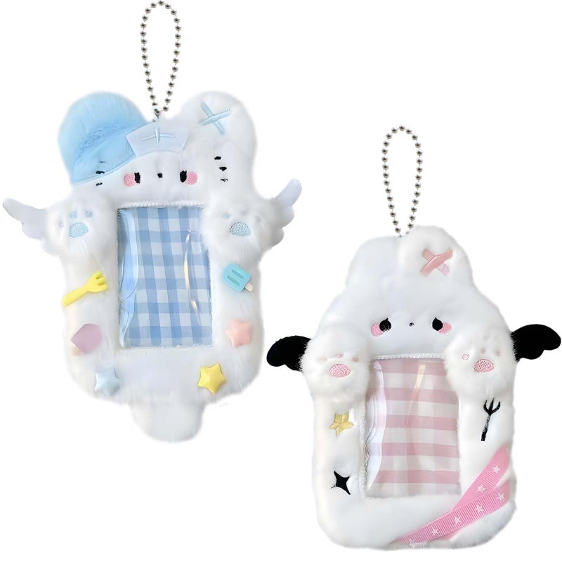 Roioiow 2 Pieces Kitten & Rabbit Plush Badge Holders with Wings | Photocard Display Case | Protective Sleeves for Bus, ID, and Student Cards | Cartoon Animal Design with Clear Window - Image 1