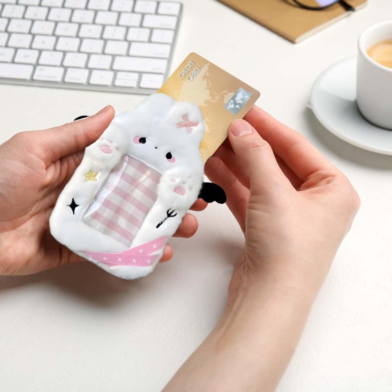 Roioiow 2 Pieces Kitten & Rabbit Plush Badge Holders with Wings | Photocard Display Case | Protective Sleeves for Bus, ID, and Student Cards | Cartoon Animal Design with Clear Window - Image 3