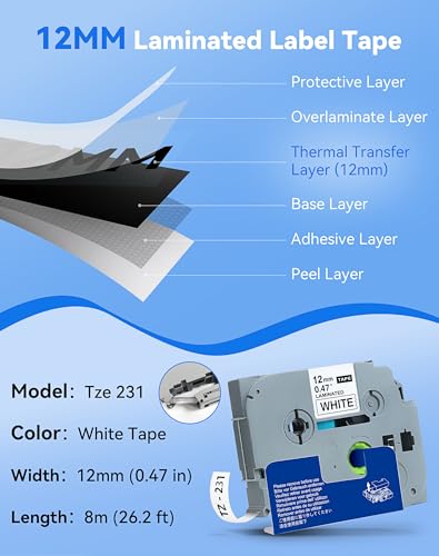 BPXX Replace Brother P-Touch Label Tape, Label Maker Tape Refill 4 Packs, Tze Tapes 12mm 0.47 Laminated White TZe-231 Tze Tz 231 Tapes Compatible with Brother PT-D210 D220 D410 D600 H110 Etc - Image 2