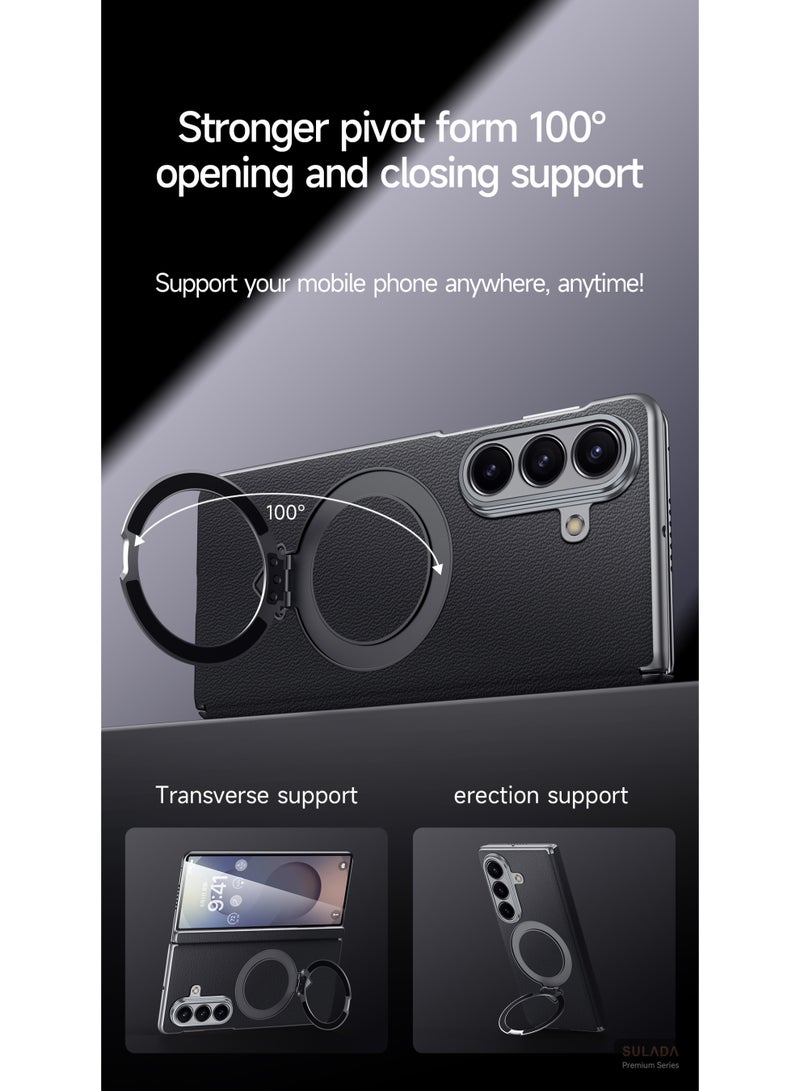 SULADA Genuine Leather for Samsung Galaxy Z Fold 7 Case, with Magnetic Kickstand, Hinge Cover Camera Protection, Black - Image 5