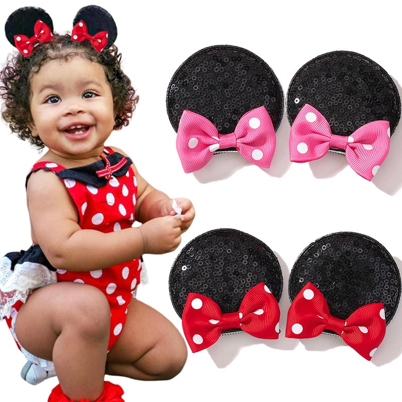 Ayesha Mouse Ears Hair Clips Mouse Ears for Girls Sequin Mouse Bows Barrettes Mice Ears Polka Dot Bows Mouse Hair Accessories for Kids Costume Party 4PCS - Image 1