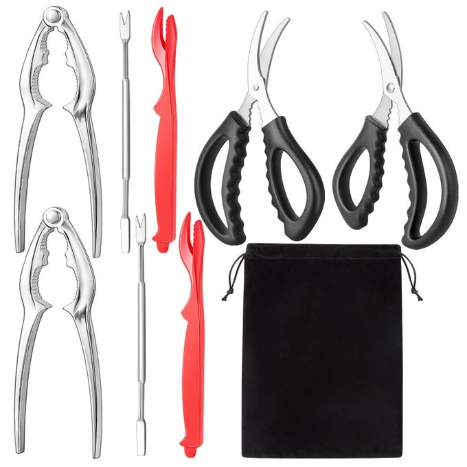 SEAFOOD CRACKER TOOL SET WITH LOBSTER SHELLER STAINLESS STEEL CRAB CRACKERS CRAB LEG FORK SEAFOOD SCISSORS AND STORAGE BAG CRAB LEG PICK UTENSILS SET CRAB EATING TOOLS 9PCS