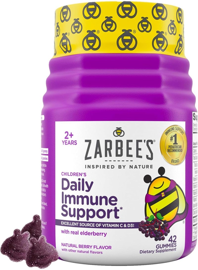 Zarbee's Kids Elderberry Immune Support Supplement Gummies, Vitamins A C D3 E & Zinc, Elderberry Extract, Gluten & Gelatin Free, No Artificial Flavors, Natural Berry Flavor, Ages 2+, 42 Ct