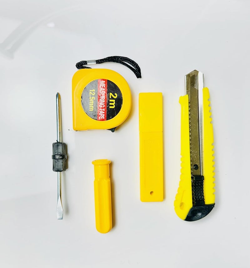 Basic Tool Set with 2m Measuring Tape Utility Knife Screwdriver Yellow 5 Pieces  - Image 1