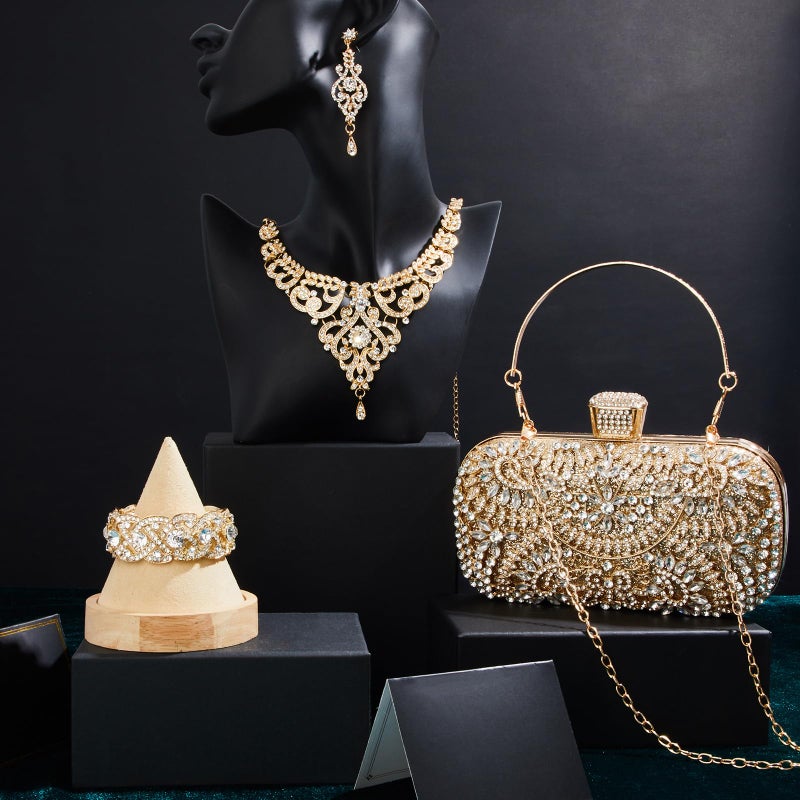 Quelay 4 Pcs Purse Rhinestone Jewelry Set Evening Clutch Bag Bling Crystal Necklace Dangle Earrings Bracelets Accessories(Gold,Vintage Style) - Image 2
