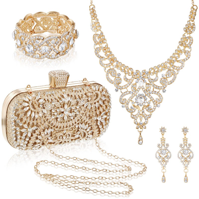 Quelay 4 Pcs Purse Rhinestone Jewelry Set Evening Clutch Bag Bling Crystal Necklace Dangle Earrings Bracelets Accessories(Gold,Vintage Style) - Image 1