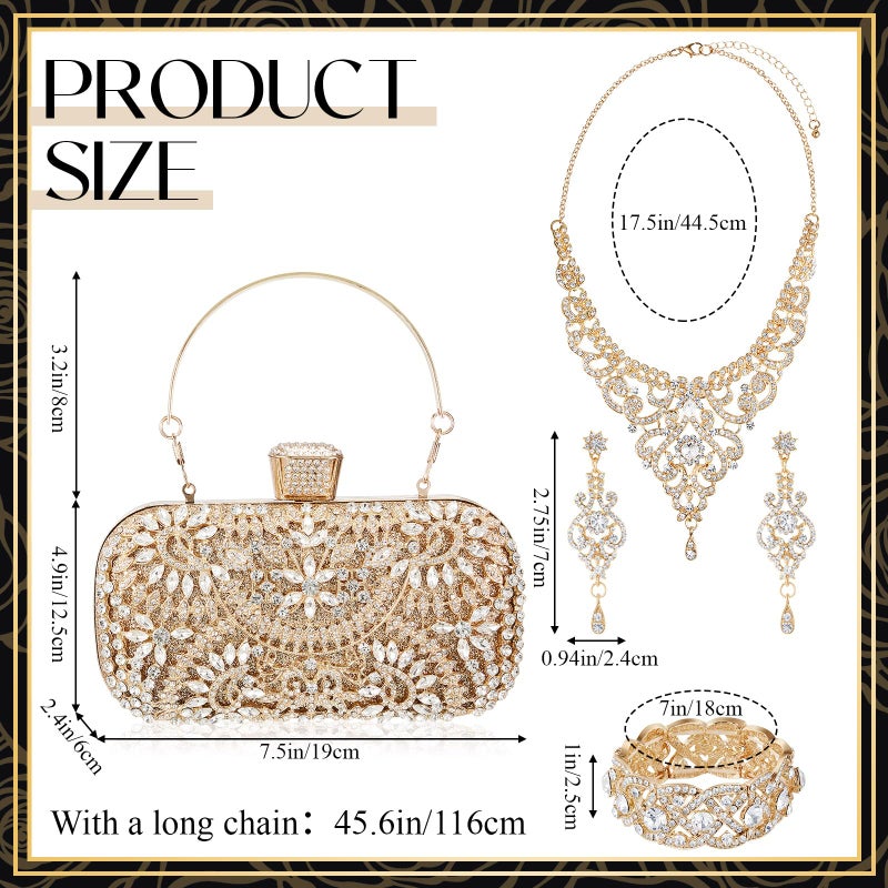 Quelay 4 Pcs Purse Rhinestone Jewelry Set Evening Clutch Bag Bling Crystal Necklace Dangle Earrings Bracelets Accessories(Gold,Vintage Style) - Image 3