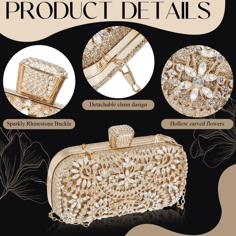 Quelay 4 Pcs Purse Rhinestone Jewelry Set Evening Clutch Bag Bling Crystal Necklace Dangle Earrings Bracelets Accessories(Gold,Vintage Style) - Image 4