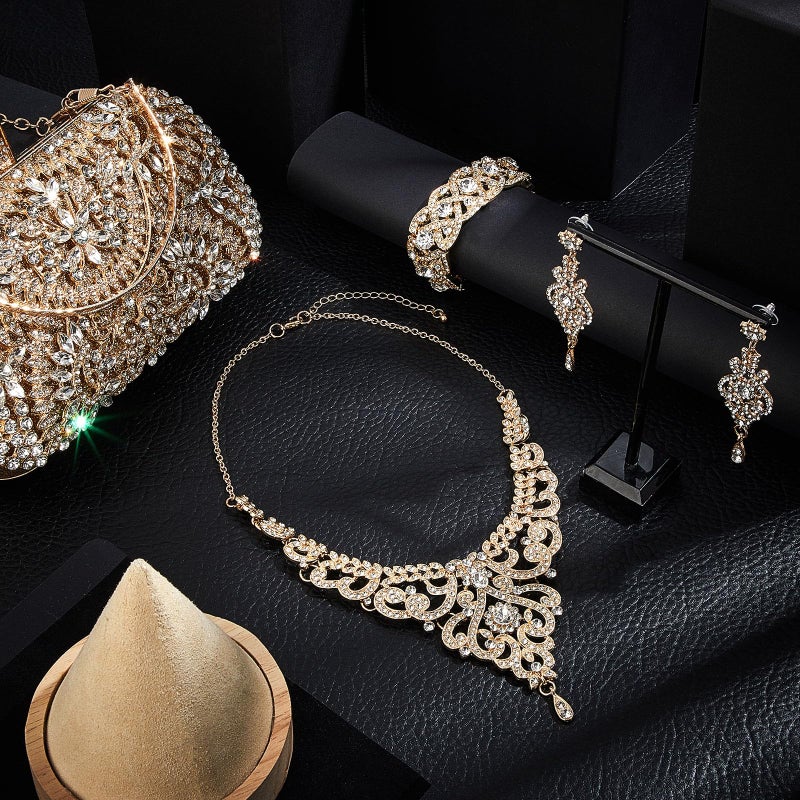 Quelay 4 Pcs Purse Rhinestone Jewelry Set Evening Clutch Bag Bling Crystal Necklace Dangle Earrings Bracelets Accessories(Gold,Vintage Style) - Image 5