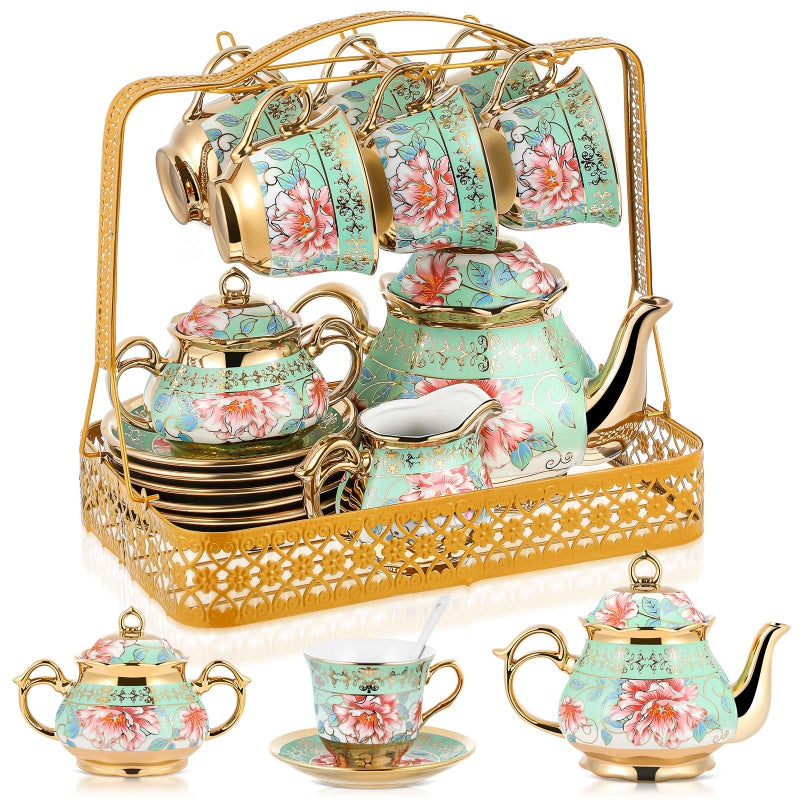 Suttmin 22 Pcs Gold Plated Vintage Floral Porcelain Tea Set for Adults with Metal Holder Elegant European Ceramic Tea Party Set Cup for Women Fancy Porcelain Coffee Cup Serving 6 PeopleCyan Flower