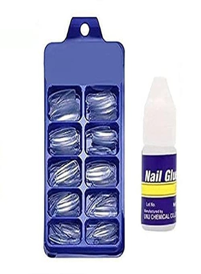 TWIREY Set Of 100Pc Professional/Personal Reusable Clear/transparent French Long Acrylic False Fake Nails DIY Decoration Nail art Tip Accessory with Glue (Pack of 1) (NAIL 2) - Image 1