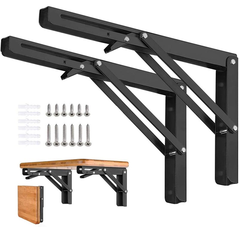AUTOHJ Folding Shelf Brackets - 16 Inch 2 Pcs Heavy Duty Stainless Steel Collapsible Triangle Shelf Bracket, DIY Wall Mounted Folding Table Hinge, Space Saving for Bench Table with Screws - Image 1