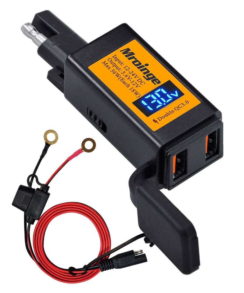 Mroinge Motorcycle USB Charger, Mroinge 6.8A SAE to USB Adapter Dual Port QC3.0/2.0 Fast Charge, with Voltmeter/Ammeter & ON/Off Switch & 10A Fuse, Perfect for Your Phone or Smart Device Charging - Image 1
