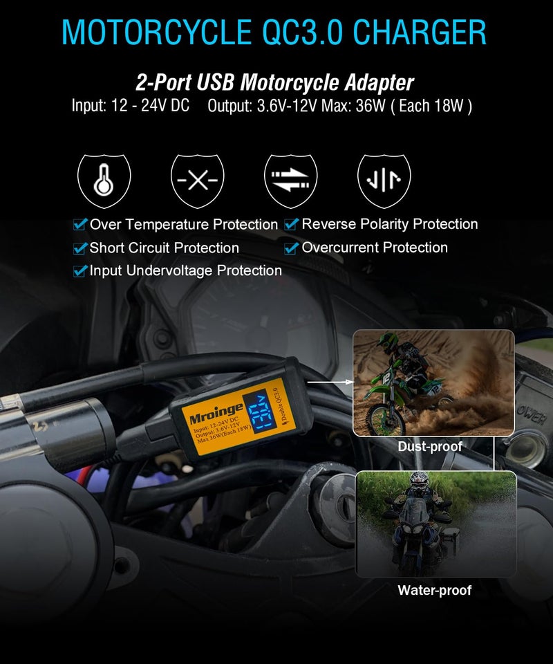 Mroinge Motorcycle USB Charger, Mroinge 6.8A SAE to USB Adapter Dual Port QC3.0/2.0 Fast Charge, with Voltmeter/Ammeter & ON/Off Switch & 10A Fuse, Perfect for Your Phone or Smart Device Charging - Image 2
