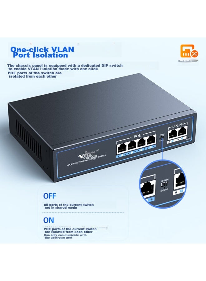 Smart Valley Hui Gu, Full Gigabit 6-port Poe Switch, 4 Gigabit Poe + 2 Gigabit Ports, Surveillance Camera Ap Network Cable Power Switch Splitter 65w Hg-1006gp - Image 3