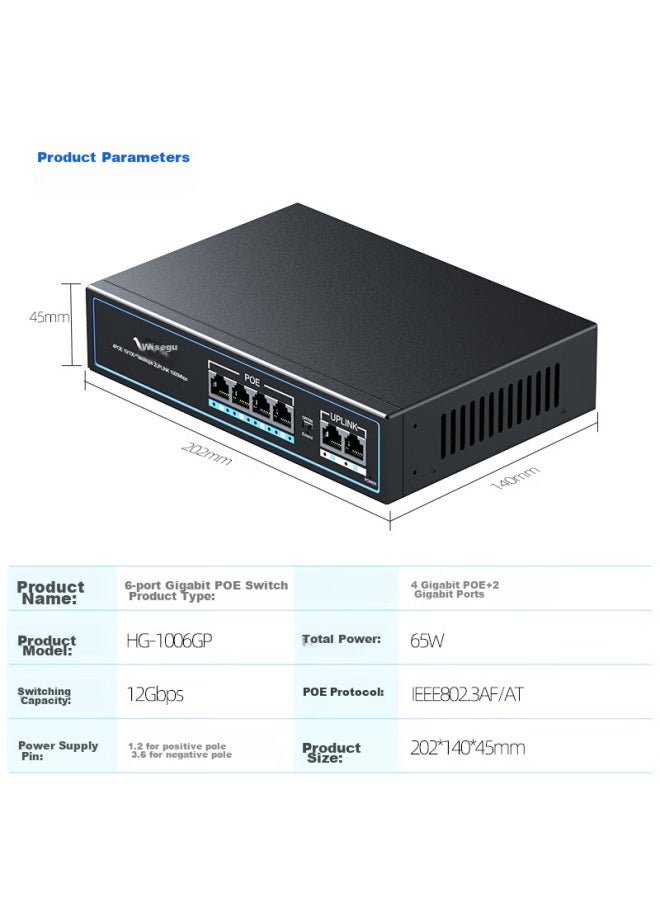 Smart Valley Hui Gu, Full Gigabit 6-port Poe Switch, 4 Gigabit Poe + 2 Gigabit Ports, Surveillance Camera Ap Network Cable Power Switch Splitter 65w Hg-1006gp - Image 1