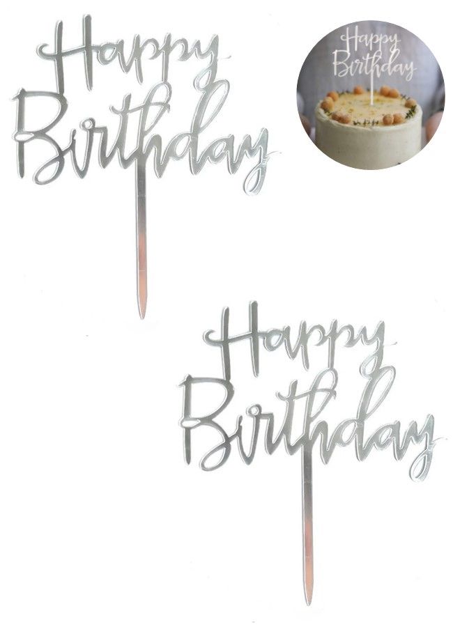 We Happy Pack of 2 Happy Birthday Cake Topper Mirrored Acrylic Cupcake Topper Perfect for Decorations and Party Supplies Silver - Image 1