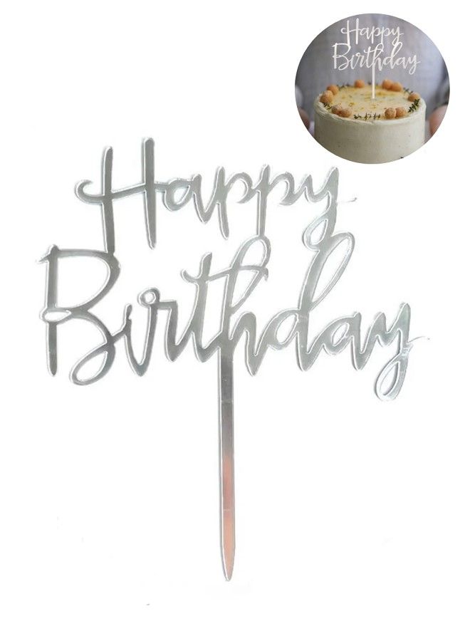 We Happy Pack of 2 Happy Birthday Cake Topper Mirrored Acrylic Cupcake Topper Perfect for Decorations and Party Supplies Silver - Image 2