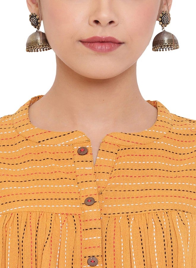 Janasya Women's Mustard Cotton Woven Design Gathered Tunic(J0119-TP-S) - Image 5