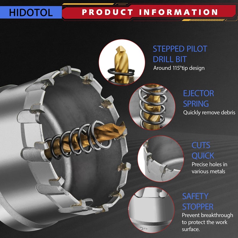HIDOTOL 20PC TCT Carbide Hole Saw Kit 1/2" - 2-1/8" Tungsten Carbide Drill Bits Set with Titanium Pilot & L-Wrench, for Hard Metal Stainless Steel, Iron, Aluminum with Aluminium Case. - Image 2