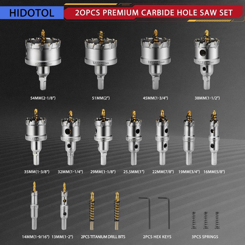 HIDOTOL 20PC TCT Carbide Hole Saw Kit 1/2" - 2-1/8" Tungsten Carbide Drill Bits Set with Titanium Pilot & L-Wrench, for Hard Metal Stainless Steel, Iron, Aluminum with Aluminium Case. - Image 5