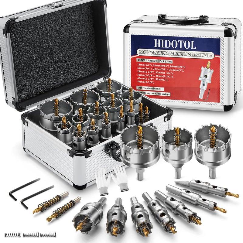 HIDOTOL 20PC TCT Carbide Hole Saw Kit 1/2" - 2-1/8" Tungsten Carbide Drill Bits Set with Titanium Pilot & L-Wrench, for Hard Metal Stainless Steel, Iron, Aluminum with Aluminium Case. - Image 1