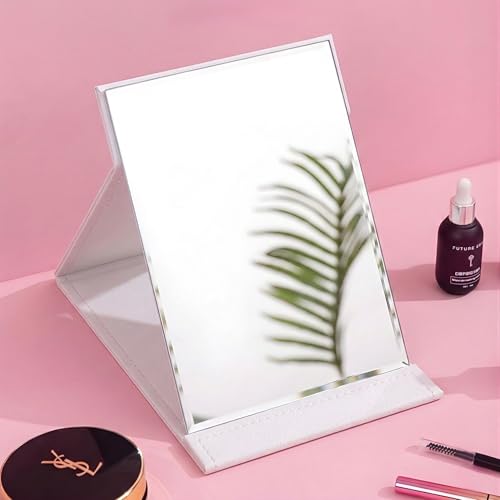 TOMATUS Mirror with Stand | Portable Folding Makeup Mirror for Office Desk, Vanity, Table & Travel | Compact Mirror Stand for Men & Women, Pack of 1 – White - Image 1
