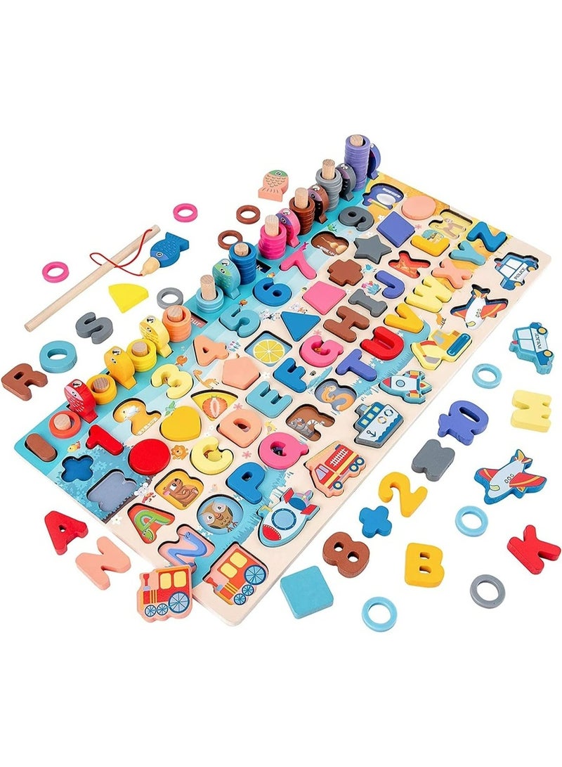 8-in-1 Montessori Wooden Math Learning Board – Shape Sorting, Counting, Alphabet & Fishing Game Educational Toy - Image 1