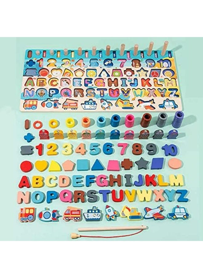 8-in-1 Montessori Wooden Math Learning Board – Shape Sorting, Counting, Alphabet & Fishing Game Educational Toy - Image 3