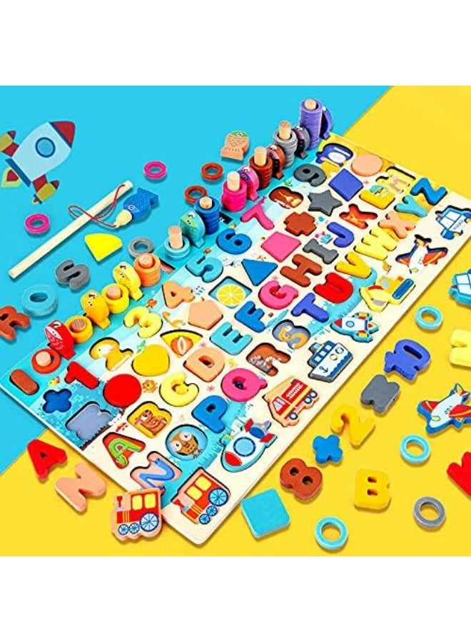 8-in-1 Montessori Wooden Math Learning Board – Shape Sorting, Counting, Alphabet & Fishing Game Educational Toy - Image 5