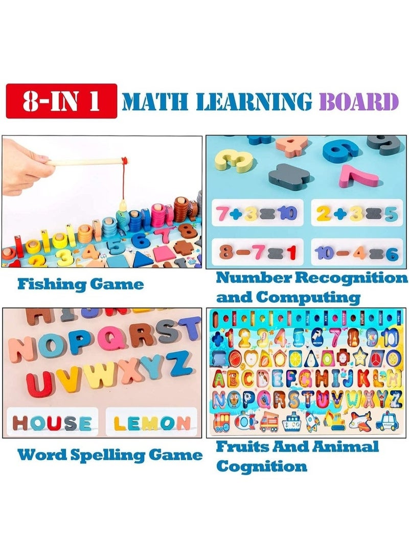 8-in-1 Montessori Wooden Math Learning Board – Shape Sorting, Counting, Alphabet & Fishing Game Educational Toy - Image 2