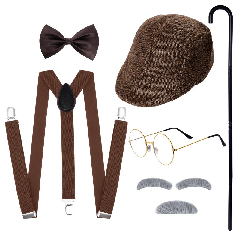 Sucrain 8PCS 1920s Old Man Costume Set Grandpa Accessories with Hat - Image 1