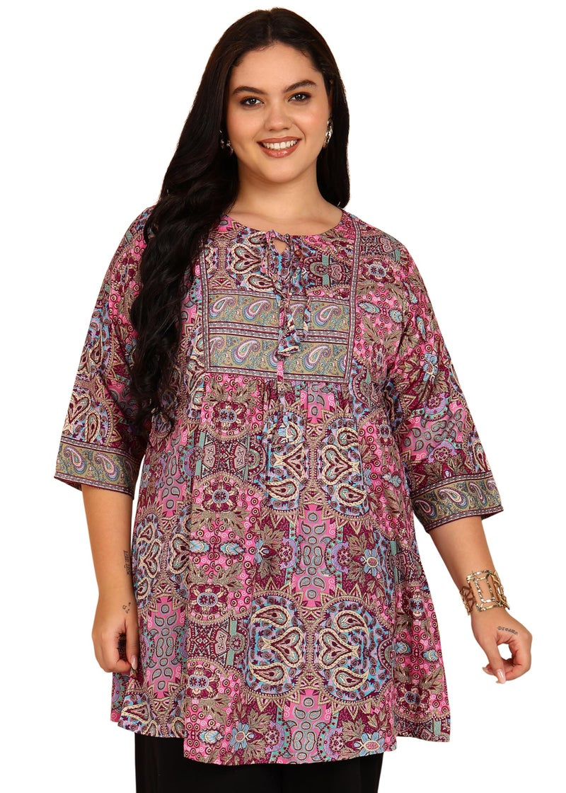 Yash Gallery Women’s Plus Size Wrinkle-Free Digital Print Kurti with Keyhole Neck & 3/4 Sleeves(Pink) - Image 1