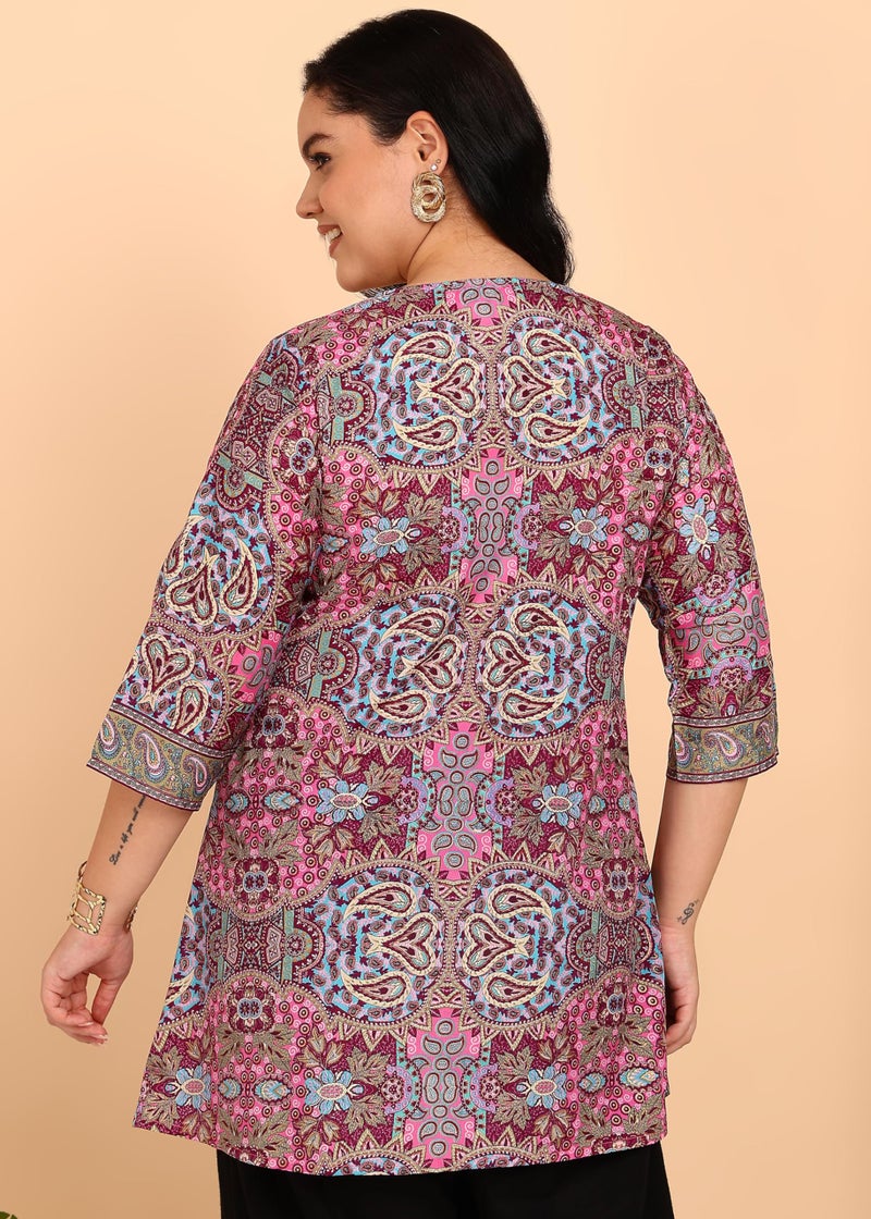 Yash Gallery Women’s Plus Size Wrinkle-Free Digital Print Kurti with Keyhole Neck & 3/4 Sleeves(Pink) - Image 4