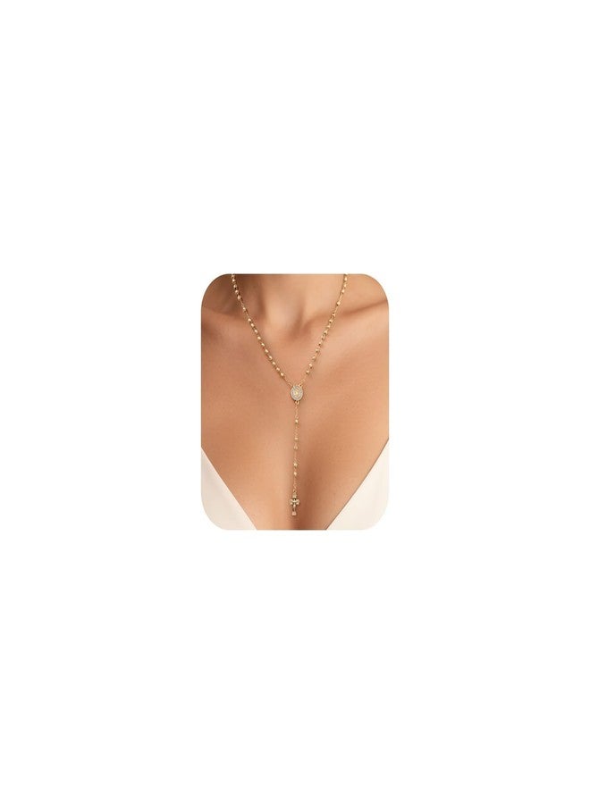 XUANPAI Women's Gold Saint Benedict Necklace - 14k Gold Plated Rosary Beads Cross Necklaces,Non Tarnish Golden Y Chain Catholic Miraculous Medal Protection Necklaces,Religious Crucifix Jewelry Gift for Her - Image 1