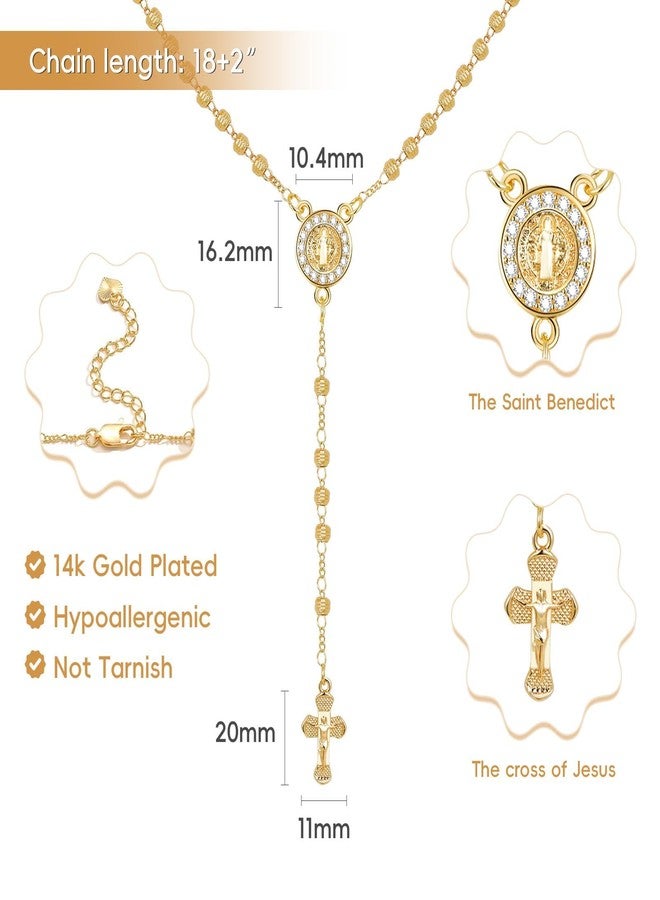 XUANPAI Women's Gold Saint Benedict Necklace - 14k Gold Plated Rosary Beads Cross Necklaces,Non Tarnish Golden Y Chain Catholic Miraculous Medal Protection Necklaces,Religious Crucifix Jewelry Gift for Her - Image 4