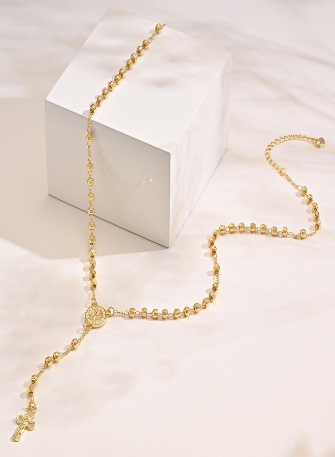 XUANPAI Women's Gold Saint Benedict Necklace - 14k Gold Plated Rosary Beads Cross Necklaces,Non Tarnish Golden Y Chain Catholic Miraculous Medal Protection Necklaces,Religious Crucifix Jewelry Gift for Her - Image 5